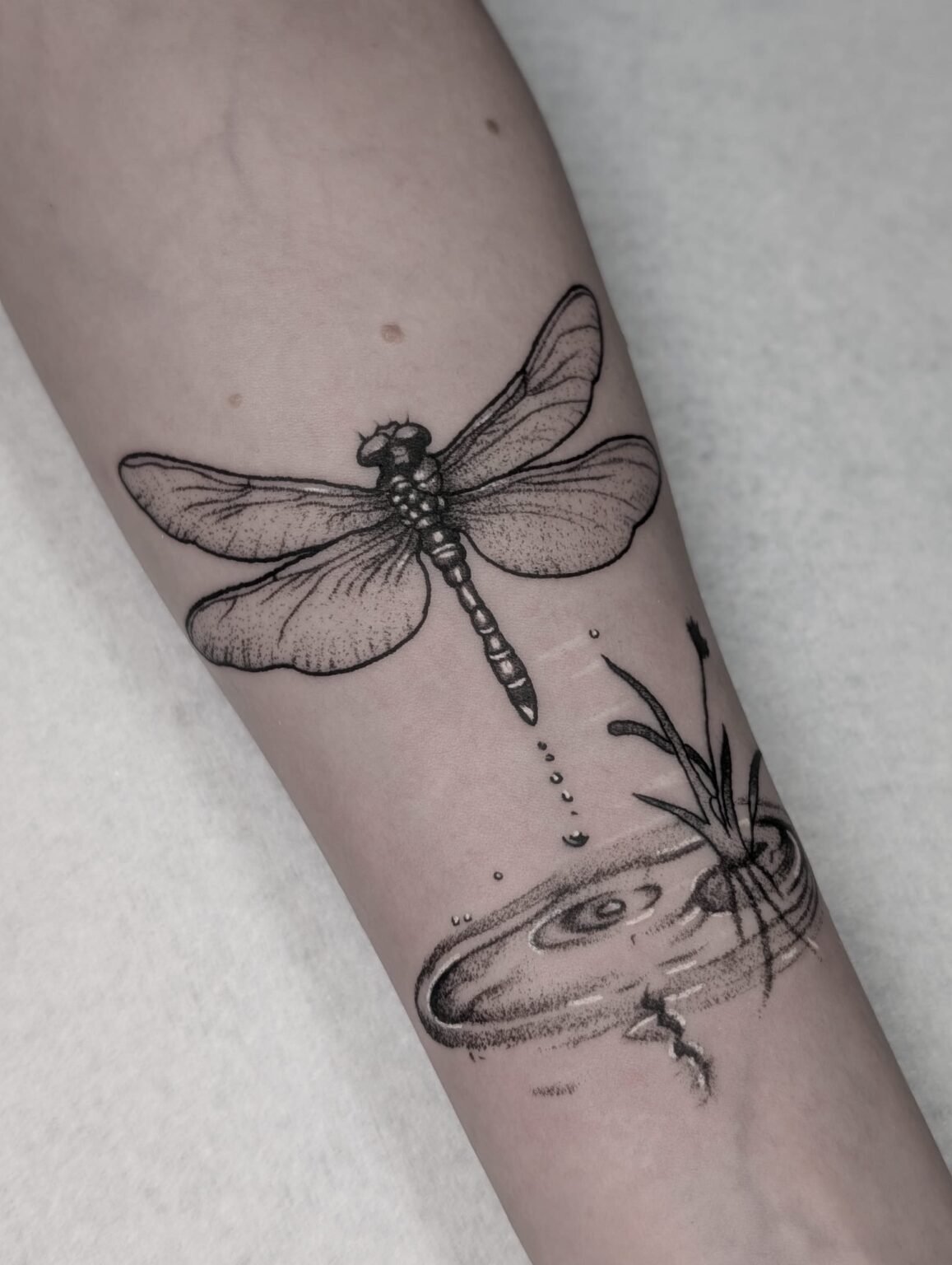 Feines Tattoo einer Libelle über Wasseroberfläche mit Pflanzen – filigraner Naturstil. Tattoo Studio in Menden, Unna, Wickede, Iserlohn, Werl.